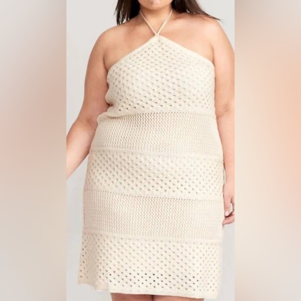 Old Navy NWT Halter Tie-Strap Crochet Mini Dress for Women In Ivory, Size XXL